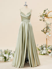 Party Dress Baby, A-line Silk Like Satin V-neck Pleated Floor-Length Bridesmaid Dress
