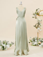 Fairy Dress, A-line Silk Like Satin V-neck Ruffles Asymmetrical Bridesmaid Dress