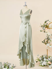 Yellow Dress, A-line Silk Like Satin V-neck Ruffles Asymmetrical Bridesmaid Dress