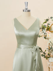 Black Tie Wedding Guest Dress, A-line Silk Like Satin V-neck Ruffles Asymmetrical Bridesmaid Dress