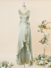 Emerald Green Prom Dress, A-line Silk Like Satin V-neck Ruffles Asymmetrical Bridesmaid Dress