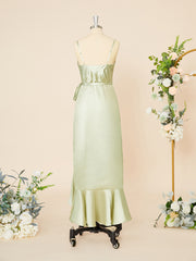 Summer Wedding Color, A-line Silk Like Satin V-neck Ruffles Asymmetrical Dress