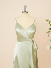 Long Sleeve Dress, A-line Silk Like Satin V-neck Ruffles Asymmetrical Dress
