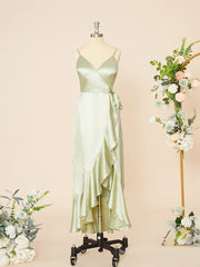 Rustic Wedding Dress, A-line Silk Like Satin V-neck Ruffles Asymmetrical Dress