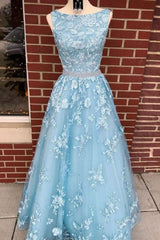 Prom Dress Long Open Back, A-line Sky Blue Prom Dress Long Sleeveless Graduation Gown,Prom Dresses
