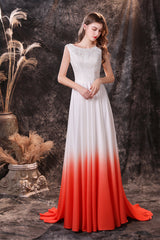 Bridesmaid Dress For Girls, A Line Sleeveless Ombre Silk Like Satin Sweep Train Prom Dresses