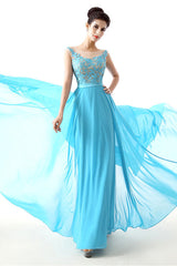 Spring Dress, A-line Sleeves Chiffon Lace Backless Long Prom Dresses