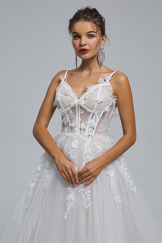 Wedding Dress Sales, A-Line Spaghetti Strap Sweetheart Tulle Applique Floor-Length Sleeveless Wedding Dresses