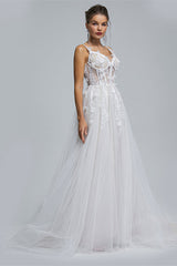 Wedding Dresses Sales, A-Line Spaghetti Strap Sweetheart Tulle Applique Floor-Length Sleeveless Wedding Dresses