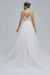 Wedding Dresses Sale, A-Line Spaghetti Strap Sweetheart Tulle Applique Floor-Length Sleeveless Wedding Dresses