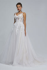 Wedding Dresses Different, A-Line Spaghetti Strap Sweetheart Tulle Applique Floor-Length Sleeveless Wedding Dresses