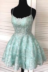 Emerald Green Prom Dress, A-Line Spaghetti Straps Backless Mint Green Lace Short Prom Dress, Backless Mint Green Lace Formal Graduation Homecoming Dress