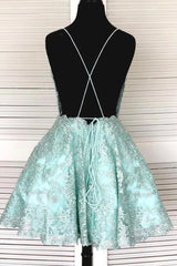 Fairy Dress, A-Line Spaghetti Straps Backless Mint Green Lace Short Prom Dress, Backless Mint Green Lace Formal Graduation Homecoming Dress