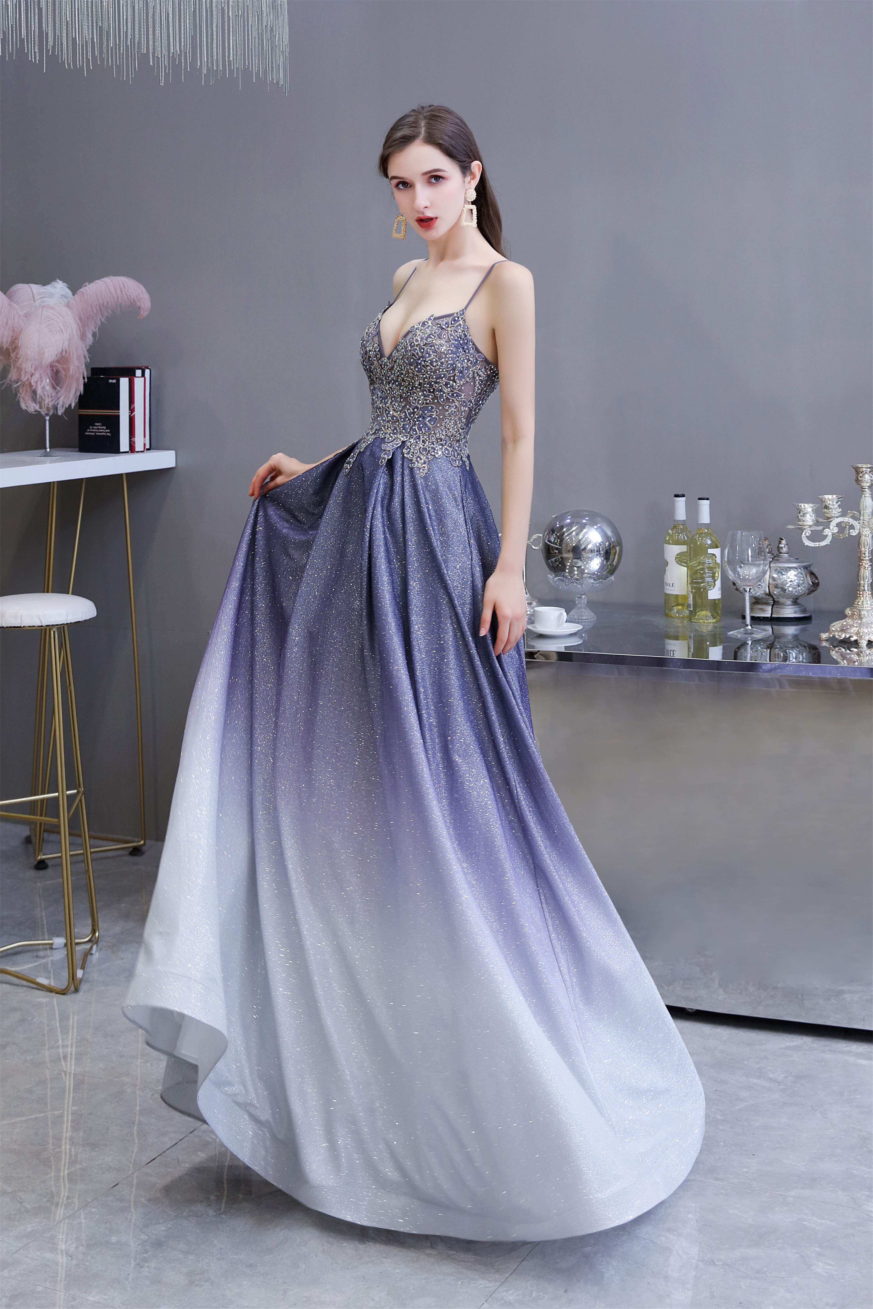Bridesmaid Dresses Short, A-Line Spaghetti Straps Long Sequins Prom Dresses