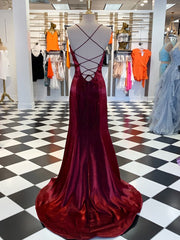 Bridesmaid Dresses Online, A-line Spaghetti Straps Ruffles Sweep Train Velvet Dress
