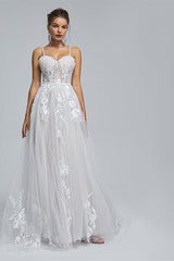 Wedding Dresses Colors, A-Line Spaghetti Straps Tulle Decal Long Wedding Dresses