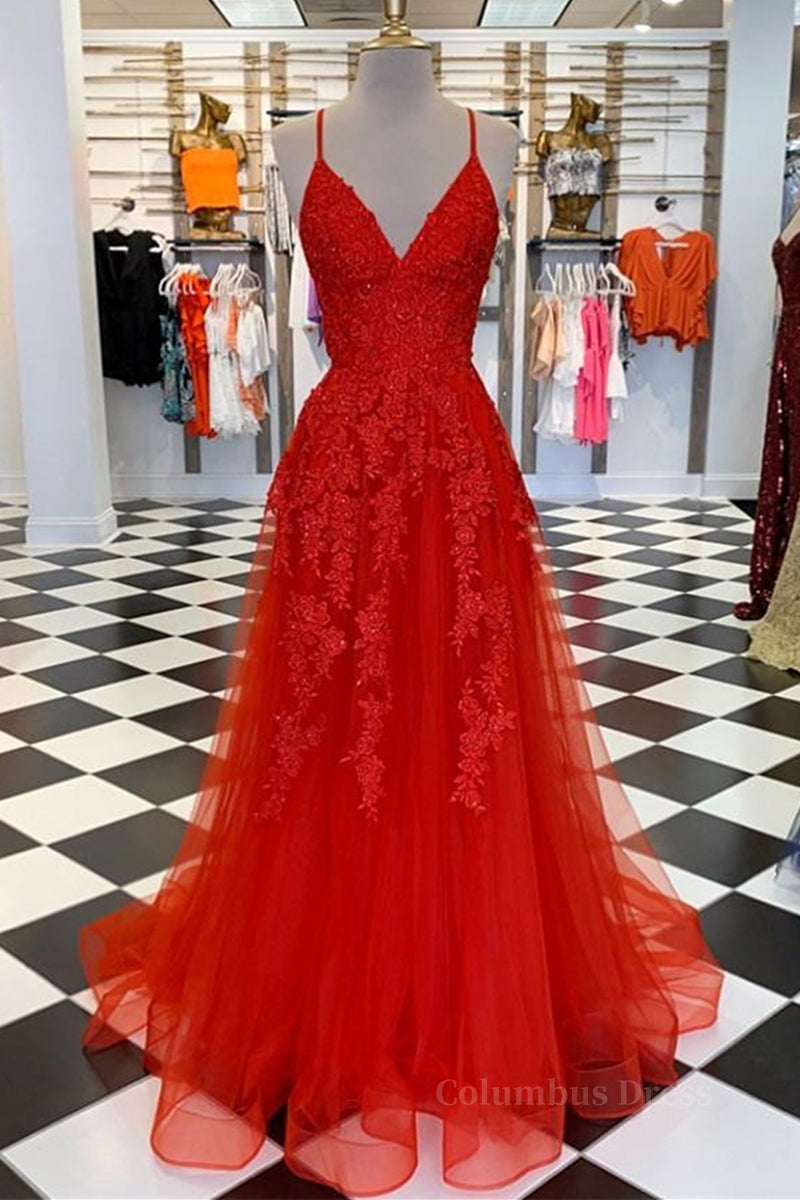 Black Long Dress, A Line Spaghetti Straps V Neck Red Lace Long Prom Dress, Red Lace Formal Dress, Red Evening Dress