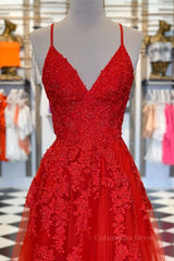 Off Shoulder Prom Dress, A Line Spaghetti Straps V Neck Red Lace Long Prom Dress, Red Lace Formal Dress, Red Evening Dress