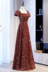 Formal Dresses With Sleeves For Weddings, A-line Square Neck Sleeves Sequins Long Formal Dress