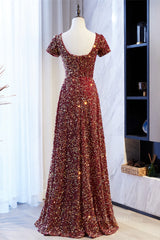 Formal Dresses For Weddings Mother Of The Bride, A-line Square Neck Sleeves Sequins Long Formal Dress