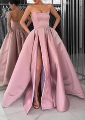 Formal Dress Inspo, A-line Square Neckline Long/Floor-Length Satin Prom Dress With Pockets Split