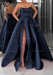 Formal Dresses Graduation, A-line Square Neckline Long/Floor-Length Satin Prom Dress With Pockets Split