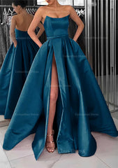 Formal Dresses And Evening Gowns, A-line Square Neckline Long/Floor-Length Satin Prom Dress With Pockets Split