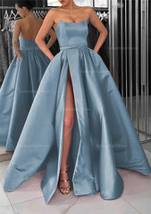 Formal Dresses Classy Elegant, A-line Square Neckline Long/Floor-Length Satin Prom Dress With Pockets Split