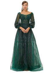 Formal Dress Trends, A-Line Square Neckline Sequined Floor-Length Long Sleeve Open Back Appliques Lace Prom Dresses