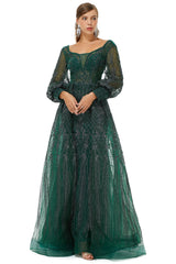 Formal Dresses Classy, A-Line Square Neckline Sequined Floor-Length Long Sleeve Open Back Appliques Lace Prom Dresses