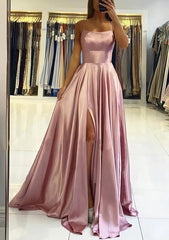 Evening Dress Designer, A-line Square Neckline Sleeveless Satin Sweep Train Prom Dress With Pleated
