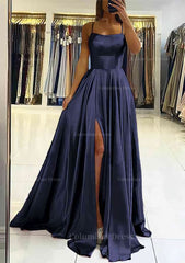 Evening Dress Long Elegant, A-line Square Neckline Sleeveless Satin Sweep Train Prom Dress With Pleated