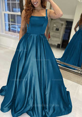 Bridesmaid Dresses Floral, A-line Square Neckline Sleeveless Sweep Train Satin Prom Dress With Pockets