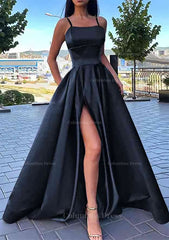 Evening Dress Lace, A-line Square Neckline Spaghetti Straps Long/Floor-Length Satin Prom Dress With Split Pockets