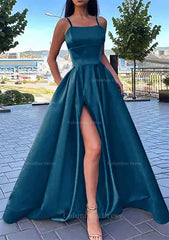 Evening Dress Short, A-line Square Neckline Spaghetti Straps Long/Floor-Length Satin Prom Dress With Split Pockets