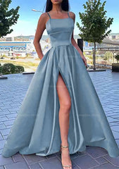 Evening Dresses Open Back, A-line Square Neckline Spaghetti Straps Long/Floor-Length Satin Prom Dress With Split Pockets