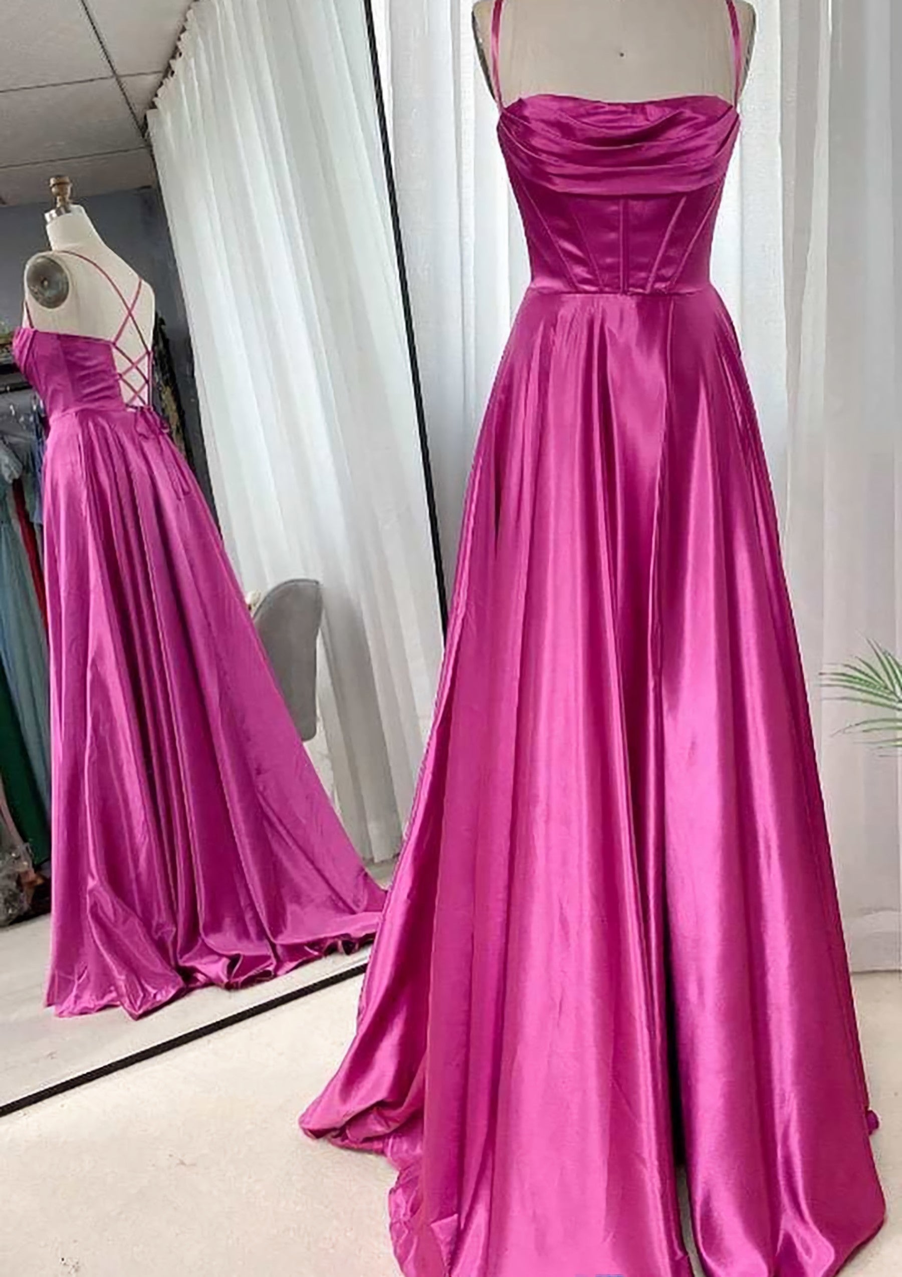 Party Dresses And Jumpsuits, A-line Square Neckline Spaghetti Straps Sweep Train Charmeuse Prom Dress With Pleated