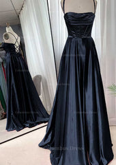 Elegant Dress Classy, A-line Square Neckline Spaghetti Straps Sweep Train Charmeuse Prom Dress With Pleated