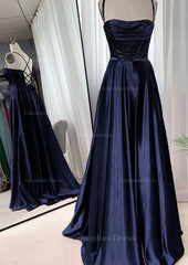 Dinner Outfit, A-line Square Neckline Spaghetti Straps Sweep Train Charmeuse Prom Dress With Pleated