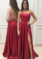 Bridesmaids Dress Under 128, A-line Square Neckline Spaghetti Straps Sweep Train Charmeuse Prom Dress With Pockets Split