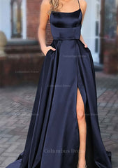 Bridesmaid Dresses Different Colors, A-line Square Neckline Spaghetti Straps Sweep Train Charmeuse Prom Dress With Pockets Split