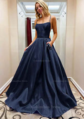 Prom Dresses 2054 Black Girl, A-line Square Neckline Spaghetti Straps Sweep Train Satin Prom Dress With Beading Pockets