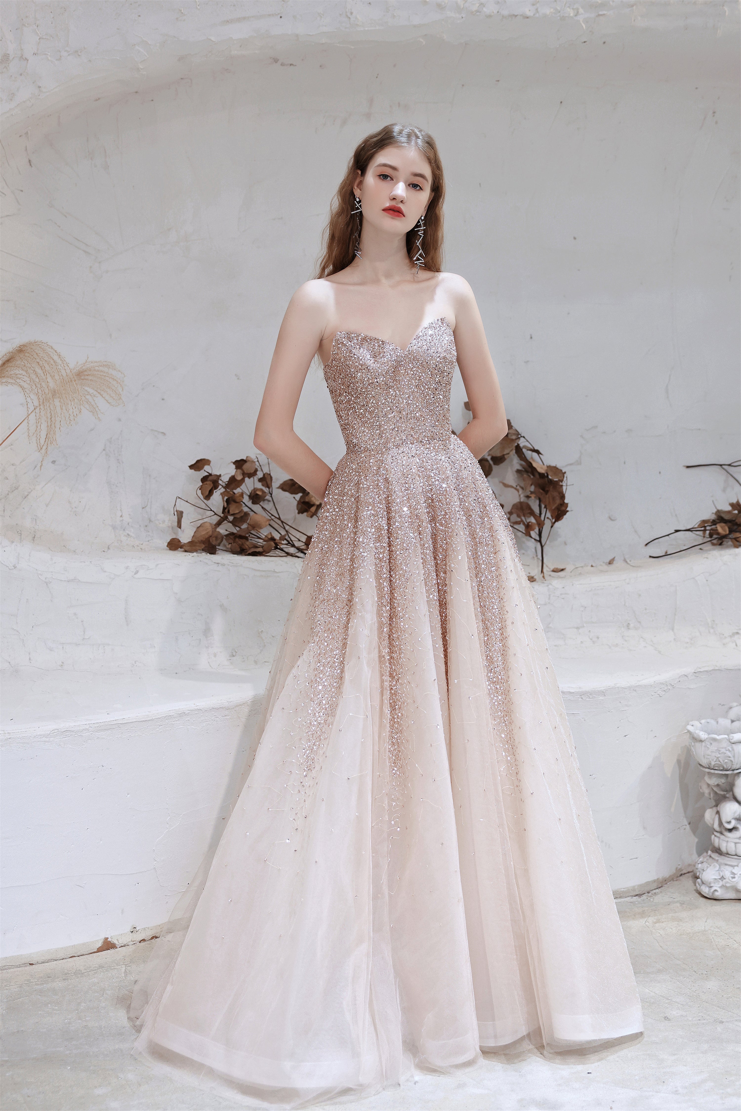 Homecoming Dresses Aesthetic, A Line Strapless Beading Tulle Court Train Prom Dresses