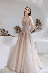 Homecoming Dresses Shop, A Line Strapless Beading Tulle Court Train Prom Dresses