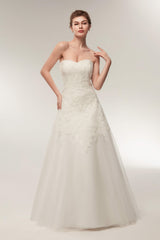 Wedding Dresses Price, A Line Strapless Ivory Lace Floor Length Wedding Dresses