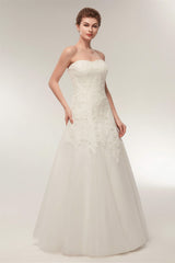 Wedding Dresses Prices, A Line Strapless Ivory Lace Floor Length Wedding Dresses