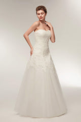 Wedding Dress Price, A Line Strapless Ivory Lace Floor Length Wedding Dresses