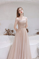 Evening Dress For Sale, A-Line Strapless Off The Shoulder Lace Up Beading Tulle Long Prom Dresses