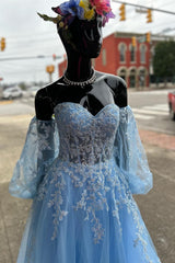 Bridesmaid Dress Blue, A-line Strapless Puff Long Sleeves Beaded Appliques Long Formal Prom Dress