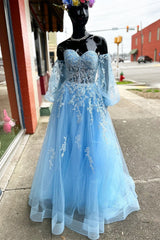 Bridesmaids Dress Blue, A-line Strapless Puff Long Sleeves Beaded Appliques Long Formal Prom Dress